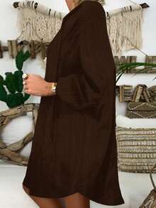 Plus Size Women's Bohemian Style Vacation Loose V-Neck Top, Lightweight Faux Linen Texture Summer Country Style Beach - Brown - View 4