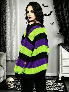 Plus Size Women's Colorblock Striped Distressed Knit Top, Asymmetric Neck, Lantern Sleeve, Y2K Gothic Punk, Suitable For Daily Wear, Halloween And Carnival Parties - Multicolor - View 2