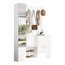 135*25*180cm Mirrored Wardrobe Set, Hallway Wardrobe, Hanging Shelf, Compact Wardrobe, With 2 Lower Drop-Down Shoe Cabinets + 2 Storage Cabinets, Suitable For Doorways, Hallways, White - White - View 5