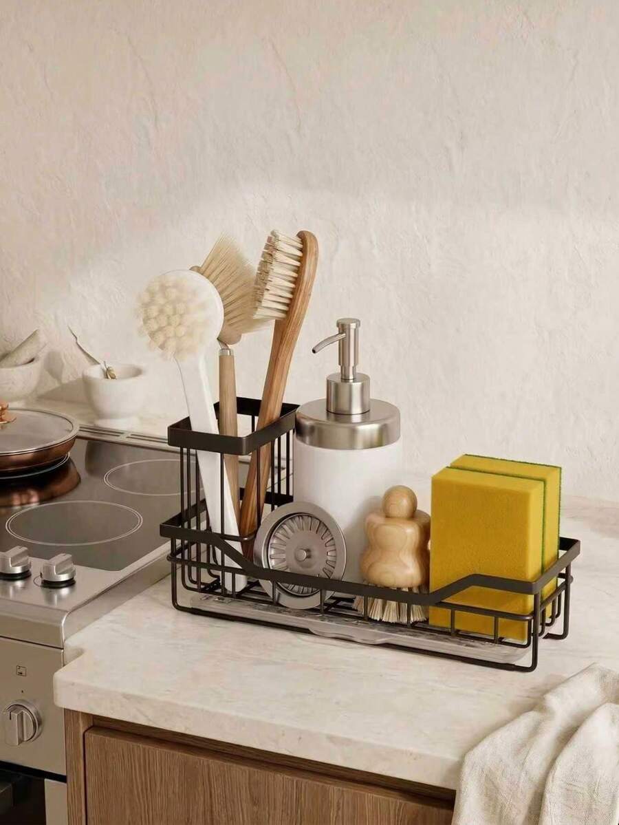 Stainless Steel Sink Organizer Rack, Rust-Proof Sponge And Brush Holder, Partitioned Design, Multi-Compartment Structure, Designed For Kitchen Sink, Convenient And Tidy Storage For Sponges And Brushes