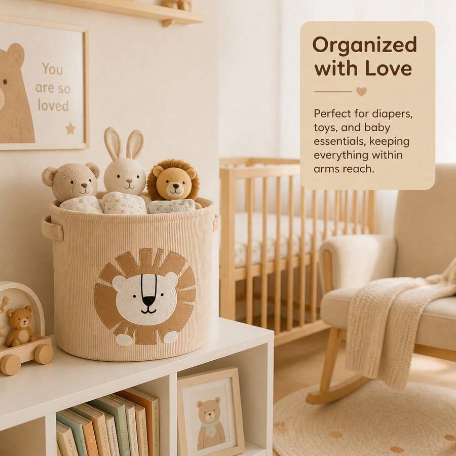 1pc[Large Capacity Storage Basket] Lion & Giraffe Cartoon Pattern Storage Bin, Fabric Foldable Laundry Basket, Clothing Organizer Bin, Living Room Multi-Functional Storage Bucket - Multicolor - View 1
