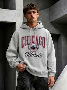Krometka Men's Hoodie, New Autumn/Winter Street Preppy Lettering Fashion Chicago Illinois Graphic Print Fleece Pullover Sweatshirt - Grey - View 2