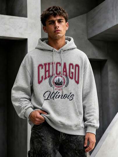 Krometka Men's Hoodie, New Autumn/Winter Street Preppy Lettering Fashion Chicago Illinois Graphic Print Fleece Pullover Sweatshirt
