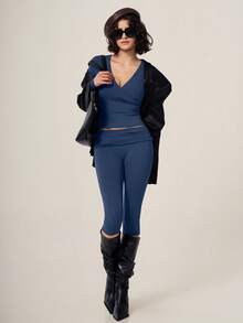 TimeOff Setelan Wanita Satu Set Warna Polos Kerah V Silang Lengan Panjang Lipatan V Pinggang Tinggi Celana Panjang Sedang - Navy Blue - View 7