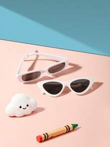 1set 2pcs Kids 3‑8Y Rectangle & Cat‑Eye PC Stylish Glasses, Solid White Frame, Retro Eyewear For Summer Party Daily Wear With Glasses Box - Multicolor - View 4