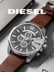 DIESEL Men's Large Dial Quartz Wristwatch, Silver Case, Brown Leather Strap, Multifunction Chronograph, Watch - Grey - View 7