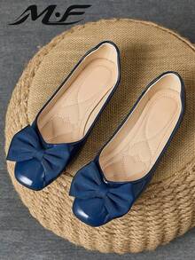 WHDXY Women's Burgundy Square Toe Ballet Flats With Bow, Versatile, Suitable For Office, Commute, Casual Wear Spring/Autumn - Navy Blue - View 1