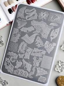 1Pc Broken Lace Nail Stamping Plate, Hollow Ripped Lace Bow Ribbon Pattern Nail Art Template, Reusable Stainless Steel Nail Image Plate For DIY Manicure Nail Salon Decoration - Multicolor - View 4
