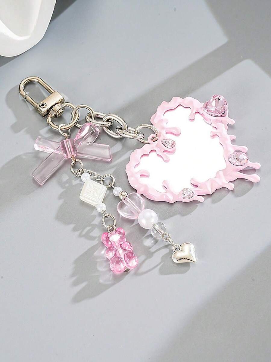 1pc Fresh Versatile Bear Heart Pendant Bag Charm Phone Charm Dopamine Gemstone Mirror Decor Bag Accessory - Multicolor - View 1