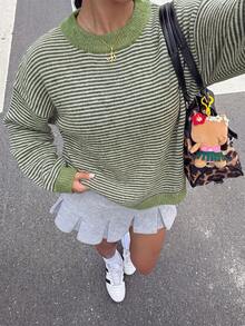 Women's Autumn/Winter Vintage Green & White Striped Round Neck Knit Sweater, Soft Fluffy Fabric, Contrast Ribbed Collar & Cuffs, Loose Drop Shoulder Fit, Lazy Vibe, Versatile For Daily Commute, Gentle & Flattering - Green - View 10