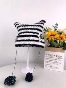 1pc Punk Gothic Y2K Cute Black & White Striped Cat Ear Knit Beanie, Women's Warm Crochet Demon Hat, Autumn/Winter - A - View 6