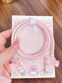 1 Set 3D Bow Data Cable Protector, Ins Soft Girl Style Data Cable Protector, Anti-Breakage Anti-Scratch Full Coverage Protection, Compatible With Apple 18W-20W Fast Charging, Holiday Small Gift, Cute Korean-Japanese Style For Girlfriend And Best Friend - Pink Crystal Bow - View 3
