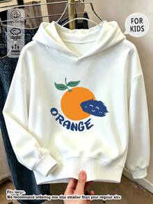 Tween Girl Cartoon Orange Fruit Letter Graphic Hoodie, Soft Cotton Drop Shoulder Long Sleeve Basic Hooded Sweatshirt - White - View 1