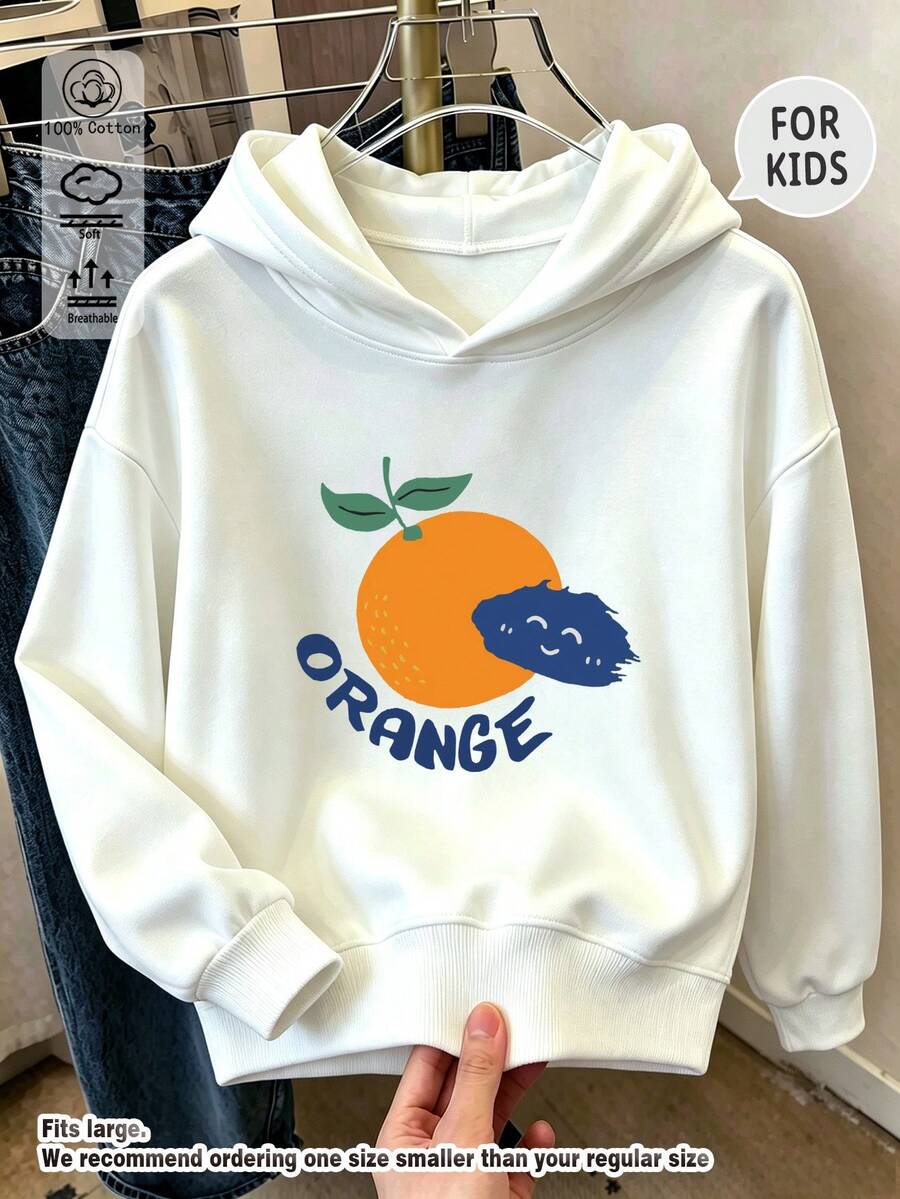 Tween Girl Cartoon Orange Fruit Letter Graphic Hoodie, Soft Cotton Drop Shoulder Long Sleeve Basic Hooded Sweatshirt - White - View 1