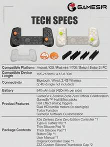 GameSir X5s 無線 Android iOS 手機遊戲控制器，兼容 2 PC 遊戲手柄，霍爾效應搖桿、可切換觸發模式、6 軸陀螺儀、Turbo 功能，絕區零版，面紗白與幻影黑 - ZZZ Edition - 查看 12
