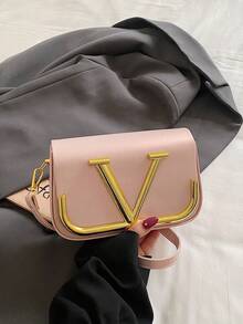 SHIMEINI Solid Color PU Square Bag, Metal Letter Hardware Decor, Fashionable Crossbody Bag, Stylish Women's Shoulder Bag - Pink - View 6