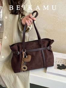 BEIKAMU 1pc Vintage Suede Large Capacity Tote Bag, Strap Versatile Women's Shoulder Bag Underarm Bag, Suitable For College, Commute, Shopping, Street, Daily Use (Pendant Not Included) - Coffee - View 1