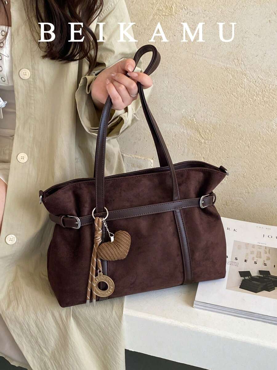BEIKAMU 1pc Vintage Suede Large Capacity Tote Bag, Strap Versatile Women's Shoulder Bag Underarm Bag, Suitable For College, Commute, Shopping, Street, Daily Use (Pendant Not Included) - Coffee - View 1