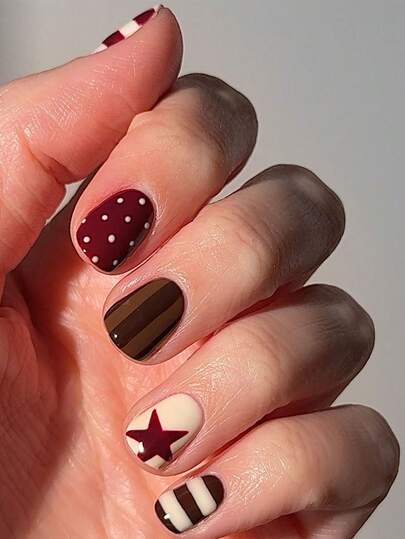 Change Your Nails With It, 24pcs/Set Short Square Five-Pointed Star Brown & Beige Striped Polka Dot Autumn/Winter Press-On Fake Nails, Includes 1pc Jelly Glue And 1pc Nail File, Adds A Touch Of Romantic Charm, Makes You Look More Sweet And Cool