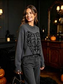 HOMEYEE Women's Autumn/Winter Distressed Skull Jacquard Half-High Neck Sweater, Gray Base With Contrast Color Trim Hem, Loose Lazy Pullover Knit Top For Halloween - Grey - View 2