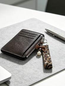 Slim Pu Leather Card Holder Wallet,Multi Card Slots Coin Purse With Rhinestone Wristlet Strap Bow Pendant Keychain, Portable Id Card Case Daily Use - Multicolor - View 8