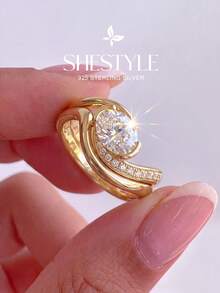 1件/套 925纯银扭臂半圆蛋形戒指，优雅珠宝礼品，适合女士，适合约会、派对、周年纪念日 - 金色 - 查看 1
