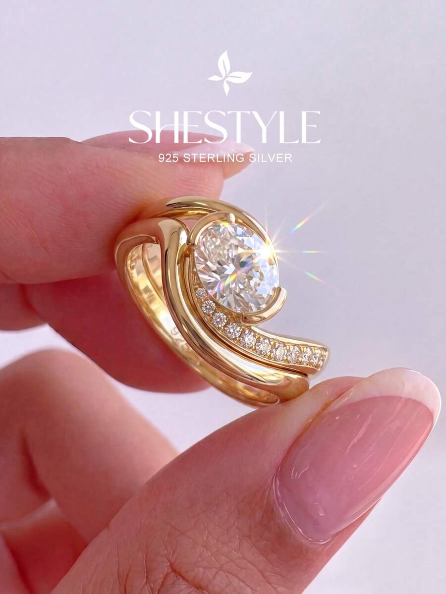 1件/套 925纯银扭臂半圆蛋形戒指,优雅珠宝礼品,适合女士,适合约会、派对、周年纪念日 - 金色 - 查看 1