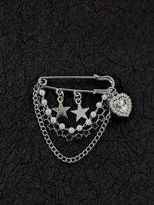 1pc Vintage Silver Chain Brooch Pin, Four-Pointed Star Heart Pearl Pendant, Street Cool Girl Jacket Decoration Accessory - Multicolor - View 6