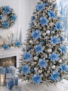 Christmas Artificial Glitter Red Poinsettia, Blue Christmas Tree Decor With Stem, Suitable For Christmas Tree Hanging, Wreath DIY Crafts, Bouquets, Wedding Party Decoration - Blue Silver - View 7