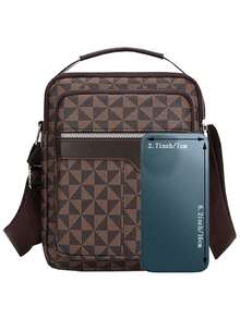 Geometric Letter Pattern Men's Crossbody Bag, Patchwork Multi-Zipper Top Handle Adjustable Shoulder Strap Business Casual Vertical Messenger Bag - Multicolor - View 6