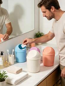 Plastic Mini Trash Can With Swing Lid, Mini Desktop Trash Can, Suitable For Office, Kitchen, Vanity, Bedroom, Bathroom - Multicolor - View 3