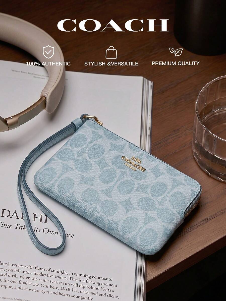 Coach Women's Rounded Zipper Clutch Wallet, Classic Canvas Striped Clutch