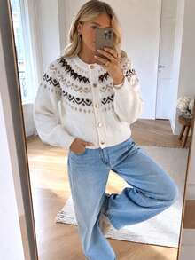 Perirose Women's Cream Jacquard Knit Cardigan, Fair Isle Pattern Button Front Sweater, Short Length Long Sleeve, Soft & Warm, Autumn/Winter Vintage Preppy Style - White - View 9