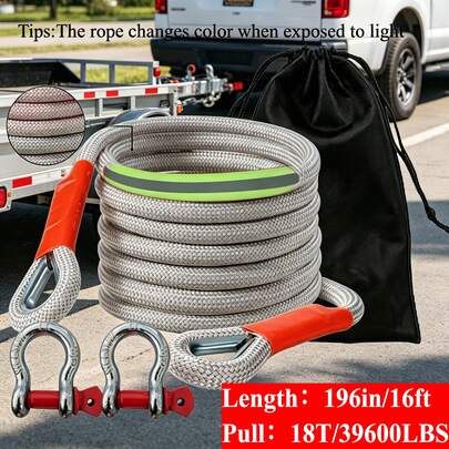 Heavy-Duty Tow Rope,16ft/18 Tons (39,600 Lbs) High-Strength Nylon Dynamic Recovery Rope With Bow Buckle And Storage Bag, Suitable For Truck, SUV, And UTVATV Emergency Rescue.