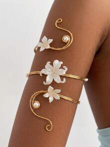 1pc Handmade Wrapped Flower Pearl Arm Cuff, Open Design, Vacation Style Dress Accessory - White - View 9