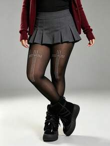 1 Pair Plus Size Women Gothic Y2K Rivet Rhinestone Cross Ultra Sheer Pantyhose, American Vintage Y2K Subculture, High Waist High Elastic Semi-Sheer Tights, Dark Punk Style, Nightclub Streetwear Base Layer Slim Fit Black Leggings, Women's, Rock Punk Style - Black-cross - View 10