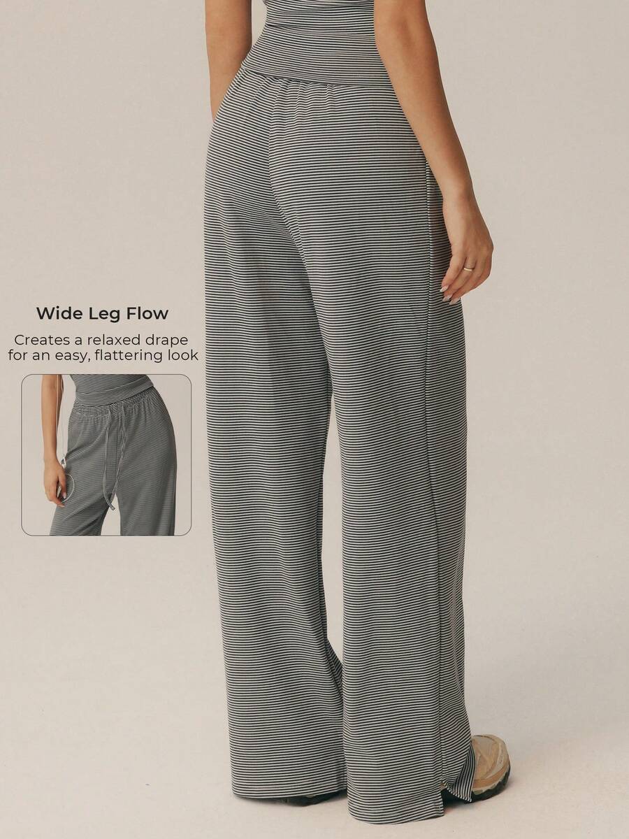 Women's Striped Drawstring Wide Leg Yoga Pants, High Waist Elastic Split Hem, Draped Loose Casual Fitness Workout Home Sports Long Pants - Blue - View 1