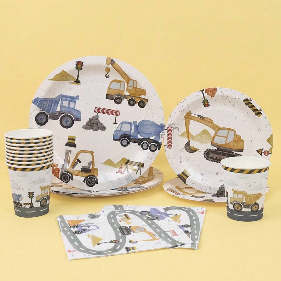 10/20/80pcs Construction Theme Birthday Tableware Set, Includes Paper Plates, Cups, Napkins, Suitable For Birthday Party Decoration, Baby Shower, Party Supplies - View 1