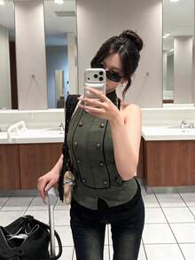 GMFP 女款綠色軍裝風掛脖立領無袖背心 夏季 - 墨綠色 - 查看 3