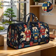 1pc RIDESAY Nutcracker Print Quilted Weekend Travel Bag, Suitable For Short Trips, Large Capacity Tote Bag With Nutcracker Soldier Pattern, Polyester Quilted Handbag, Suitable For Travel, Shopping, Christmas And Holiday Gifts - Multicolor - View 2