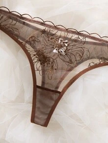1 Set Of 2 Pieces Dark Brown Floral Embroidered Lace Lingerie Set With Bow Decoration Shoulder Strap - Coffee Brown - View 8