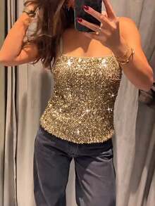 Unadoll Women's Autumn Sequin Spaghetti Strap Crop Top, Slim Fit Shiny Spaghetti Strap Tank Top, Suitable For Party, Date Night And Going Out - Champagne - View 5