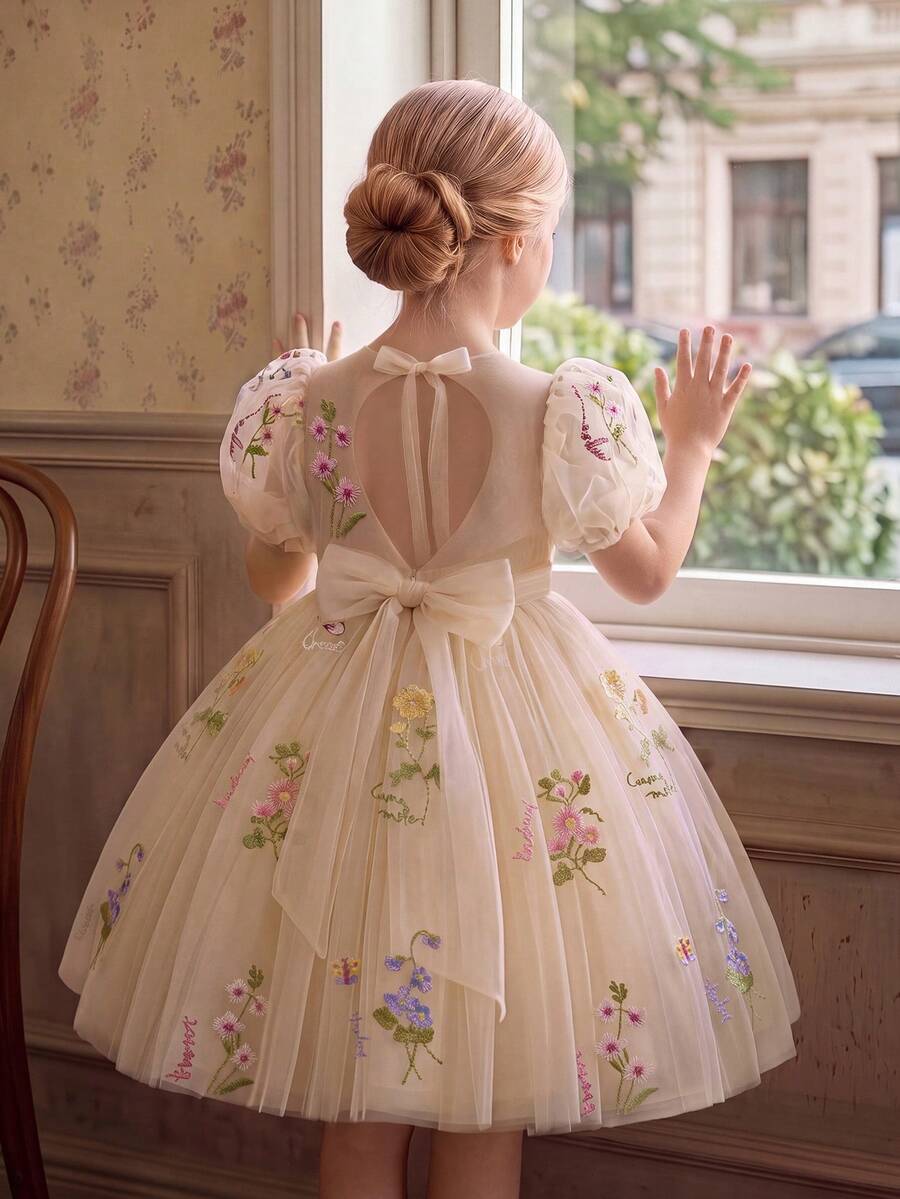 女童刺繡花瓣袖鏤空露背網紗公主裙,適合女孩生日派對、花童婚禮禮服、派對洋裝 - 金色 - 查看 1