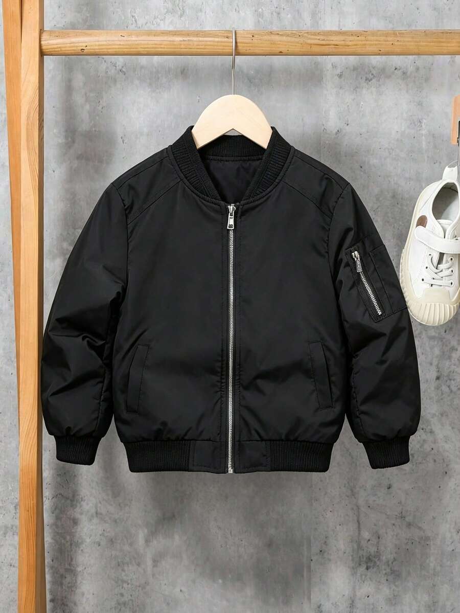 Teen Boys Solid Color Zipper Front Flight Jacket With Arm Zipper Pockets, Casual Windproof Baseball Collar Jacket, Suitable For Autumn/Winter