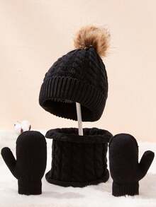 Autumn/Winter Kids Small Braid Pom Pom Hat, Scarf And Gloves 3 Pieces Set, Soft And Warm - 3pcs - View 1