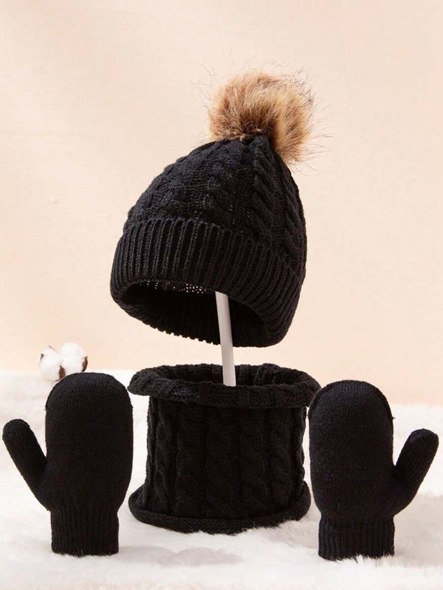 Autumn/Winter Kids Small Braid Pom Pom Hat, Scarf And Gloves 3 Pieces Set, Soft And Warm - 3pcs - View 1