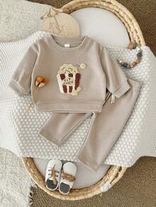 2Pcs/Set Infant/Toddler Popcorn Fleece Embroidered Sweatshirt Set, Spring/Autumn Round Neck Long Sleeve Top & Solid Color Casual Pants, 2 Pieces Children's Outfit - Khaki - View 14