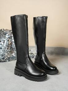 Women's Black Tall Riding Boots, Thick Platform Anti-Slip Long Boots, Side Zipper Slimming Straight Leg Boots, Autumn/Winter - Black - View 1
