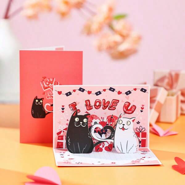3D Pop‑Up Valentine's Day Greeting Card, Cute Cartoon Black And White Cats Paper Craft Card With Intertwined Heart‑Shaped Tails, Heart Bunting, Gift Box And Flower Prints, Sweet Pop‑Up Card, Anniversary And Romantic Surprise For Cat Lovers