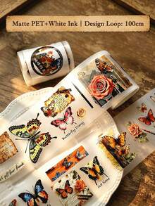 DANKUN 1 Roll 2m/Roll Vintage Floral Butterfly Wide Matte PET Sticker Roll, 1200dpi High Definition Decorative Wide Washi Tape, Suitable For Junk Journal DIY Handmade Collage Stationery Planner Notebook Scrapbook Accessories Stickers, Aesthetic Style - Scrapbook Stickers - View 3